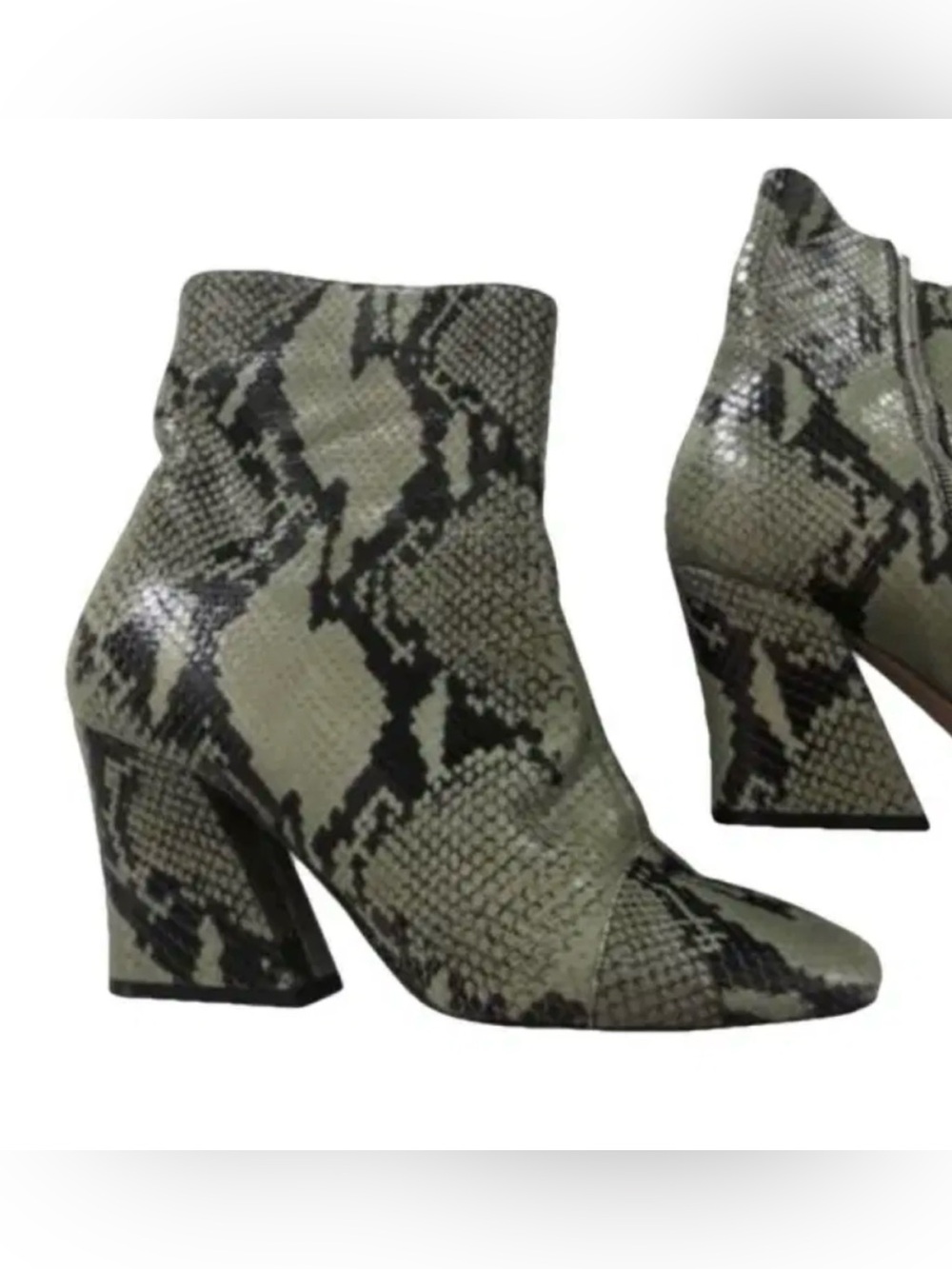 Dries Van Noten Green Snake-Print Leather Ankle Boots – Square Toe Sculpted Heel